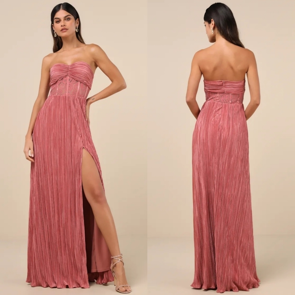 Lulus Desme Rose Pink Satin Plisse Strapless Maxi Dress Wedding Party Prom